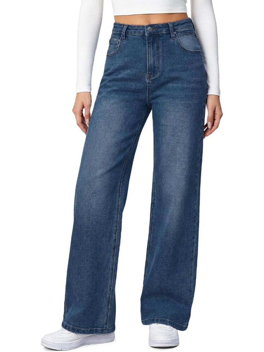Women's Deep Blue Denim Patch Pockets Y2k Stretchy High Waisted Baggy Jeans